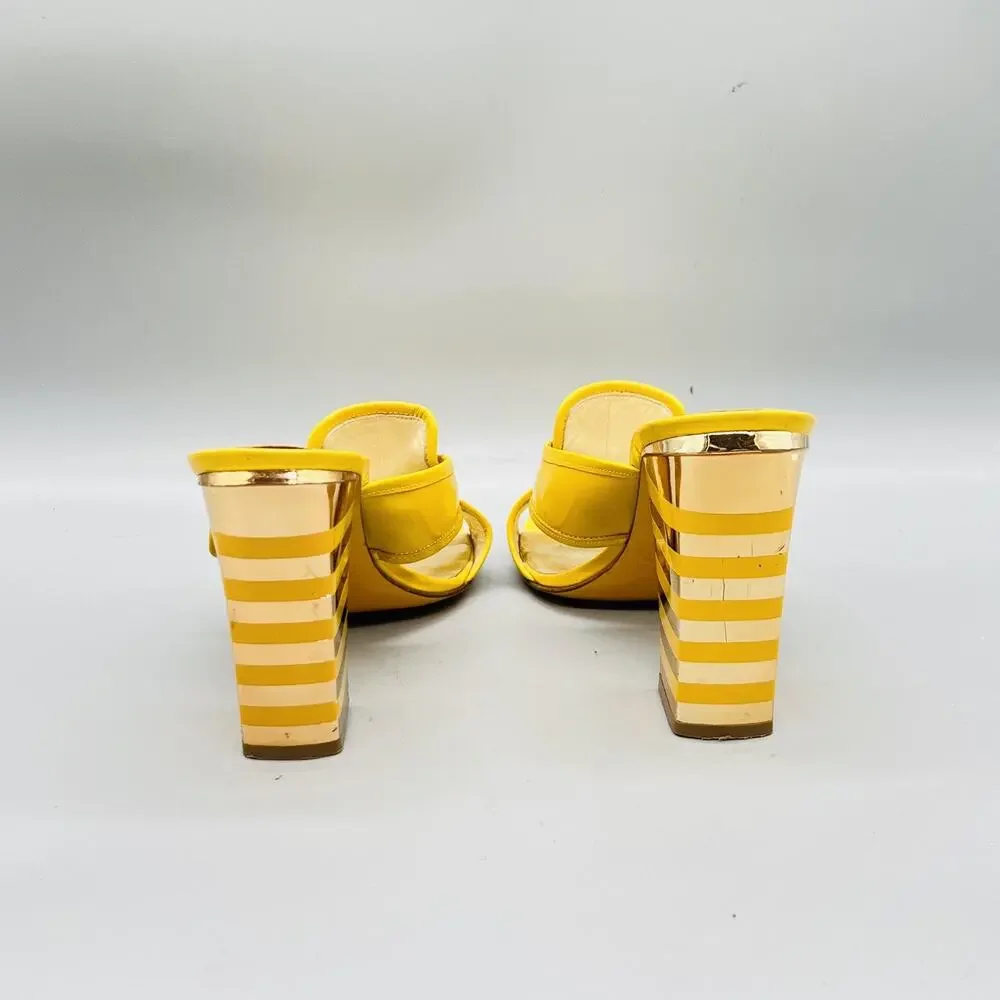 Marc By Marc Jacobs Sandals Womens 7.5 Yellow Patent Leather Slide Striped Heel
